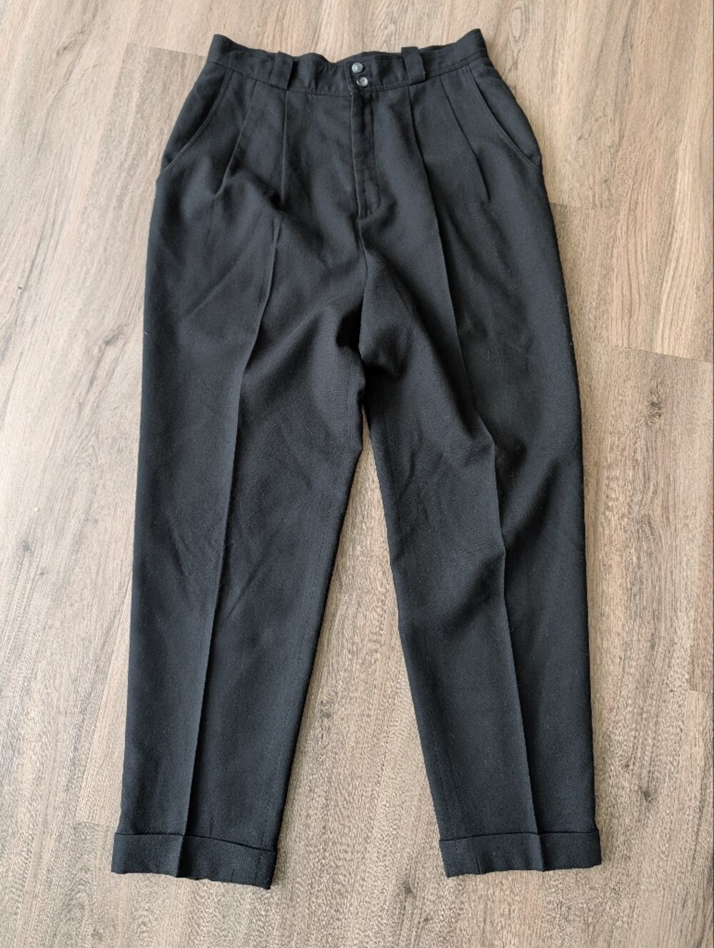 Vintage Hugo Buscati Black 100% Wool Super High Waist Tapered Cuffed Dress Pants